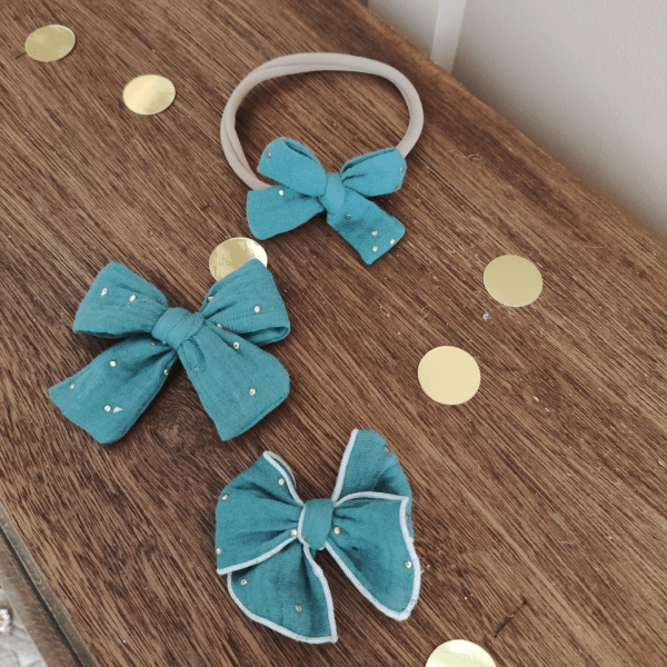 barrette noeud doré, double gaze avec pois dorés, différents coloris et taille, pour enfant et adulte, de petits fils et de coton