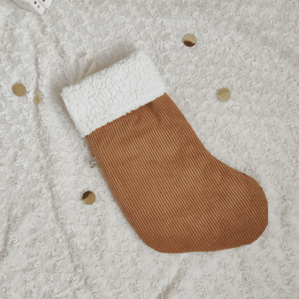 chaussette de noël velours côtelé moutarde et sherpa blanc