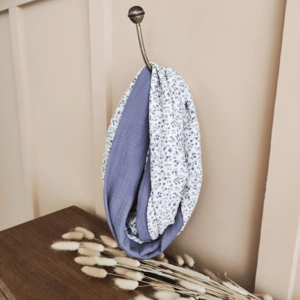 écharpe d'allaitement bleue à fleurs pour allaiter partout ton bébé, de petits fils et de coton